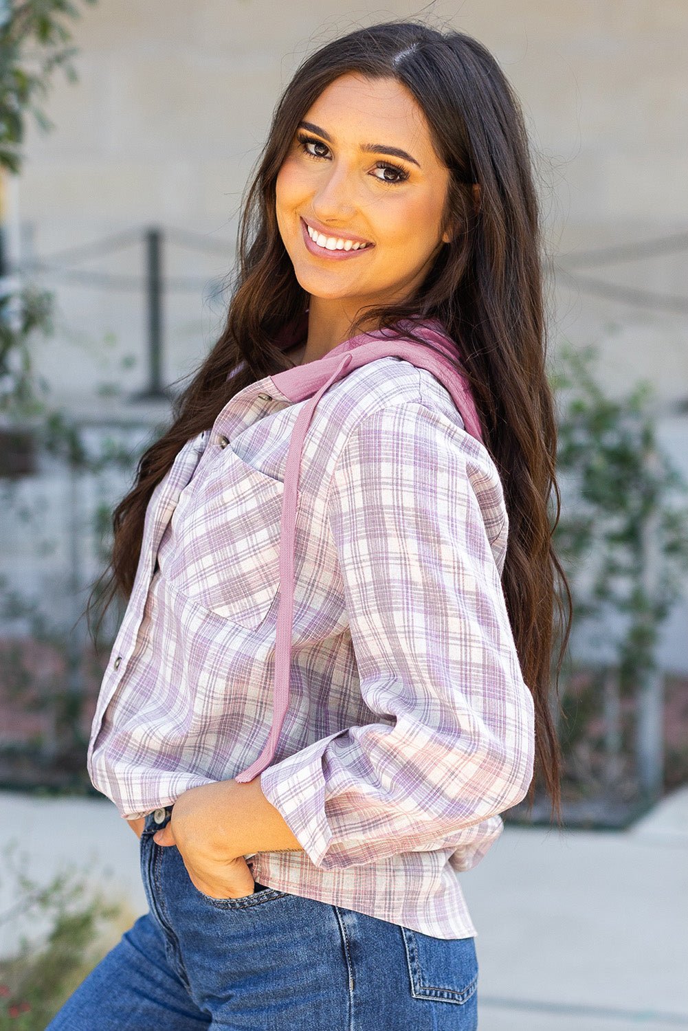 Checker Button-Up Chest Pocket Hooded Shacket - Rooted & Reckless Co.