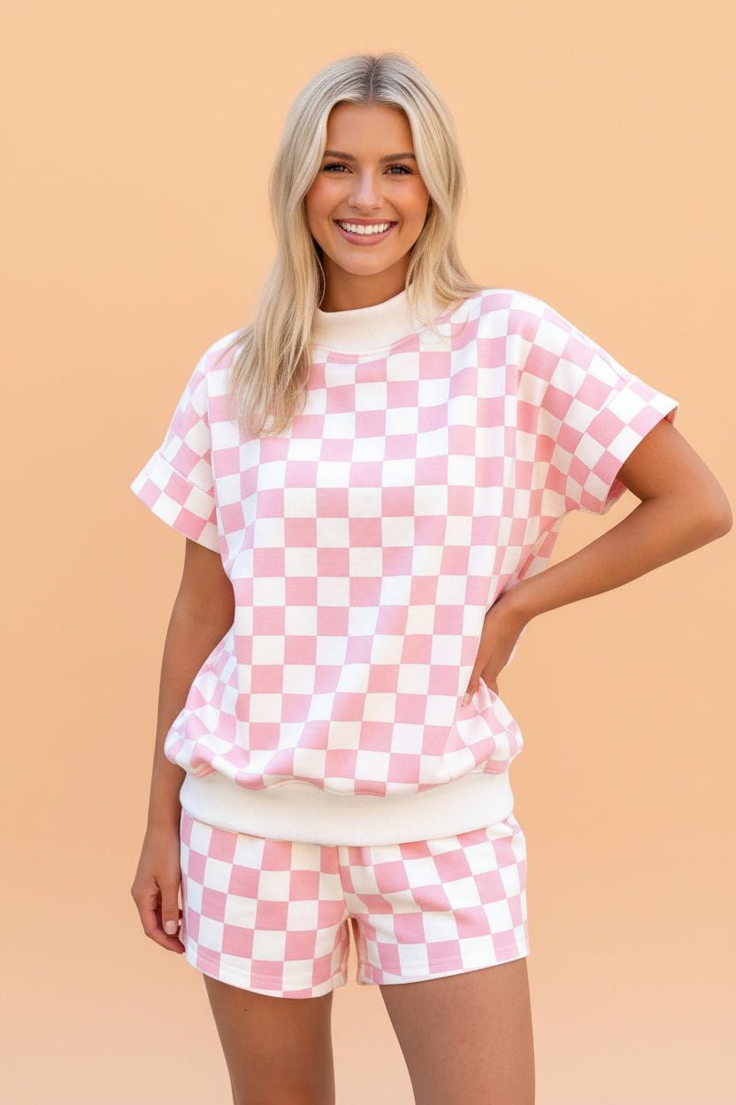 Checker Colorblock Mock Neck Top & Short Set - Rooted & Reckless Co.