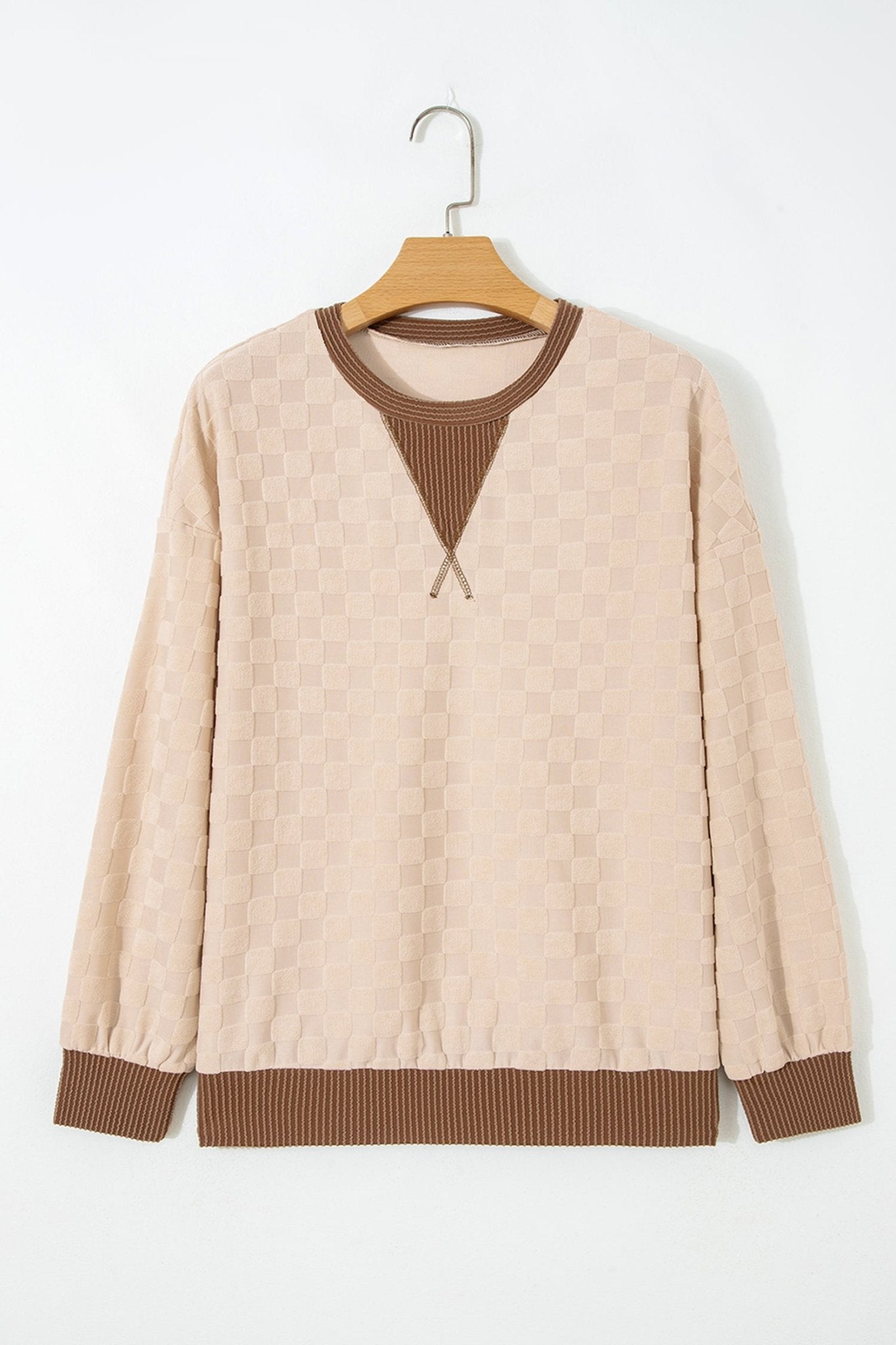 Checker Corded Knit Contrast Trim Long Sleeve Top - Rooted & Reckless Co.