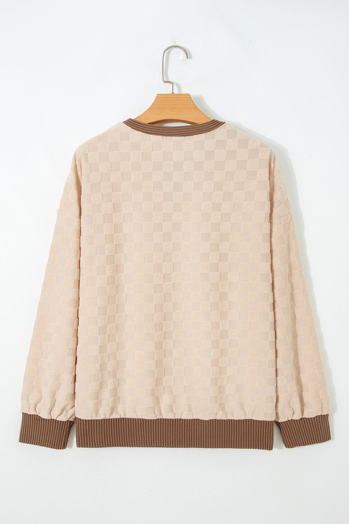 Checker Corded Knit Contrast Trim Long Sleeve Top - Rooted & Reckless Co.