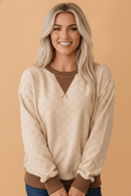 Checker Corded Knit Contrast Trim Long Sleeve Top - Rooted & Reckless Co.