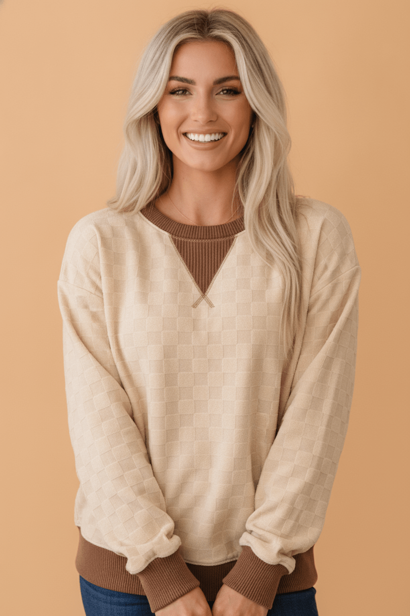 Checker Corded Knit Contrast Trim Long Sleeve Top - Rooted & Reckless Co.