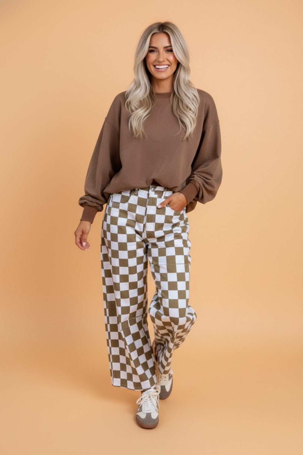 Checker Denim Barrel Leg Pants - Rooted & Reckless Co.