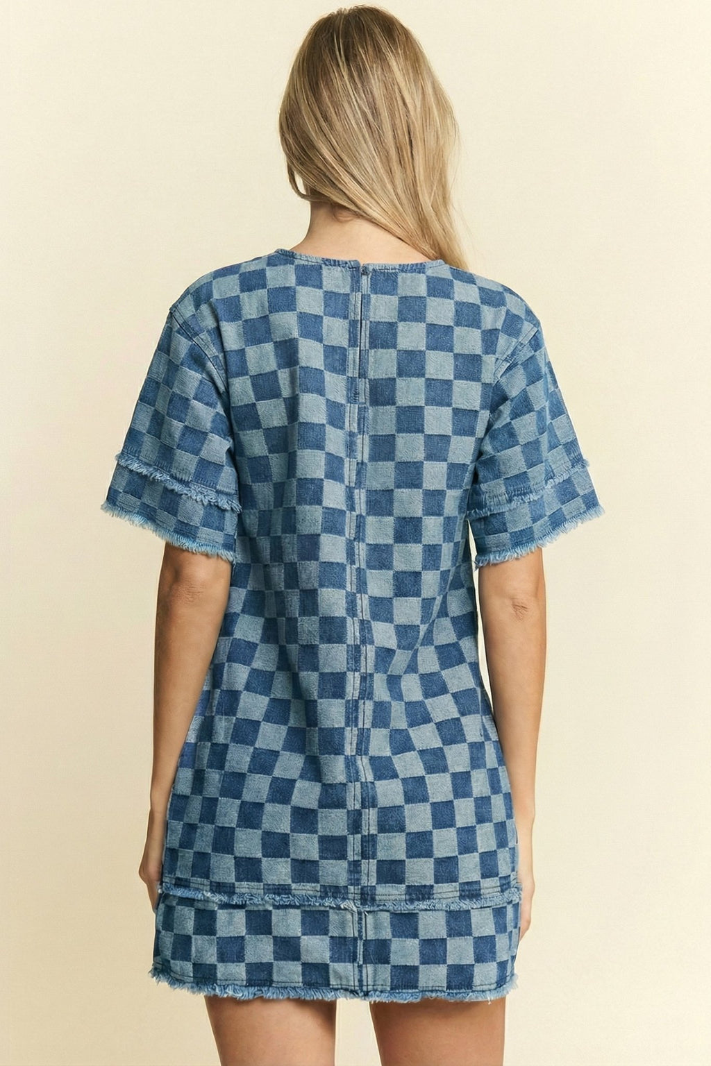 Checker Denim Frayed Hem Mini Dress - Rooted & Reckless Co.