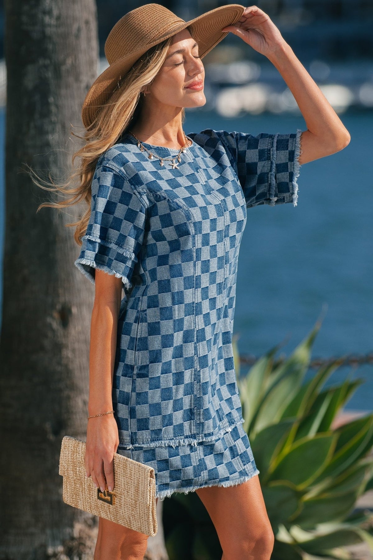 Checker Denim Frayed Hem Mini Dress - Rooted & Reckless Co.