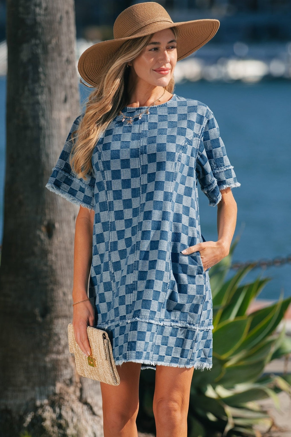 Checker Denim Frayed Hem Mini Dress - Rooted & Reckless Co.