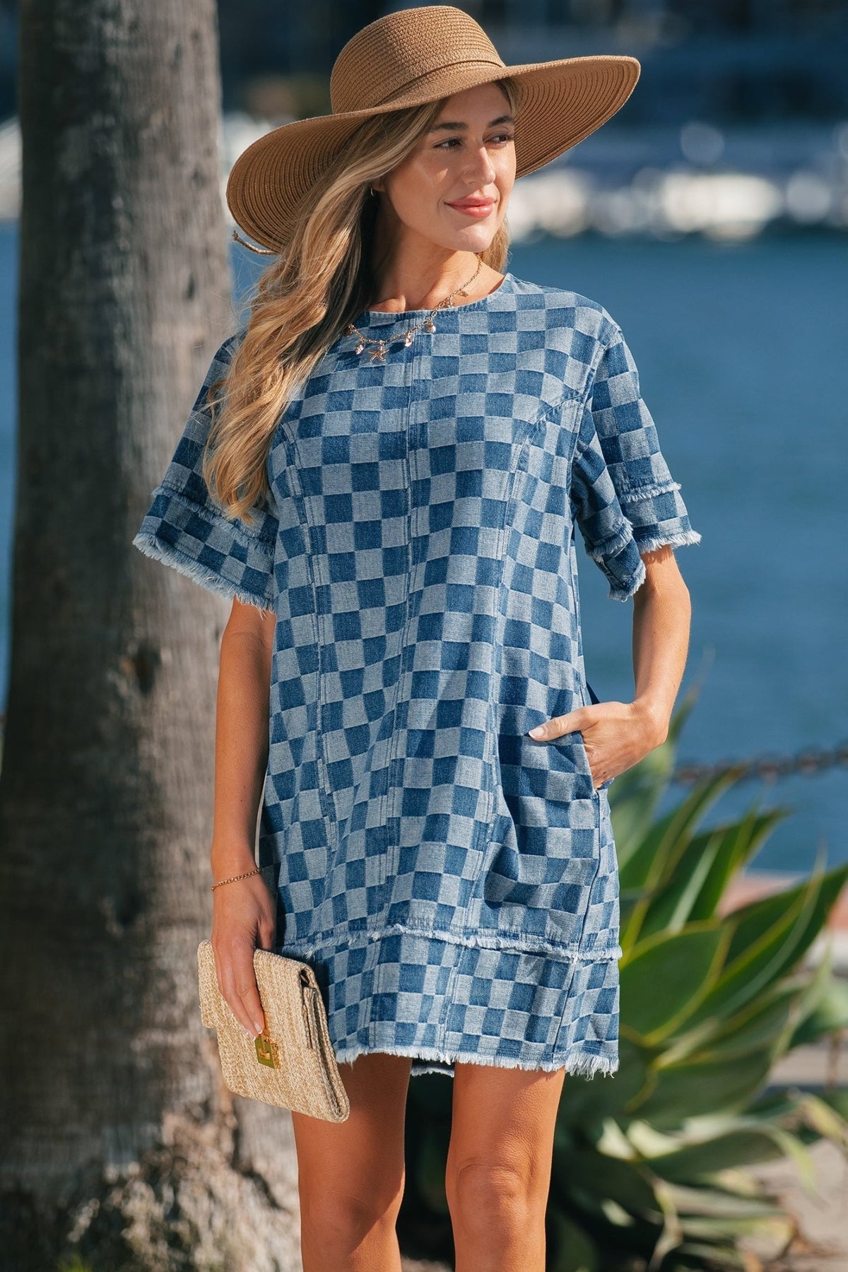 Checker Denim Frayed Hem Mini Dress - Rooted & Reckless Co.
