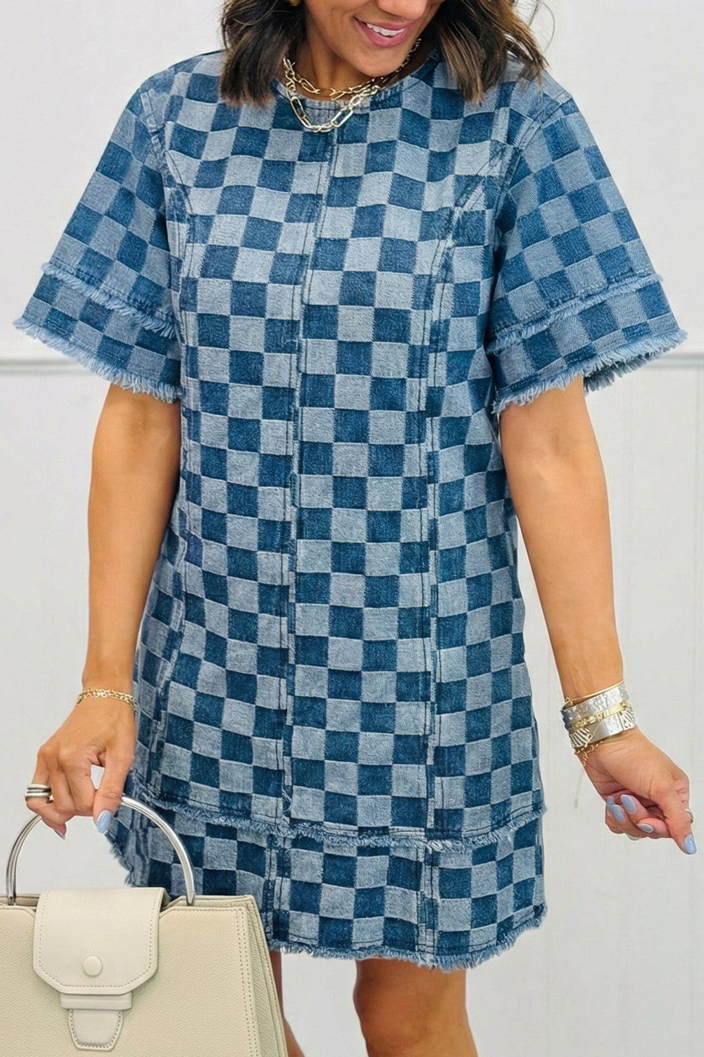 Checker Denim Frayed Hem Mini Dress - Rooted & Reckless Co.