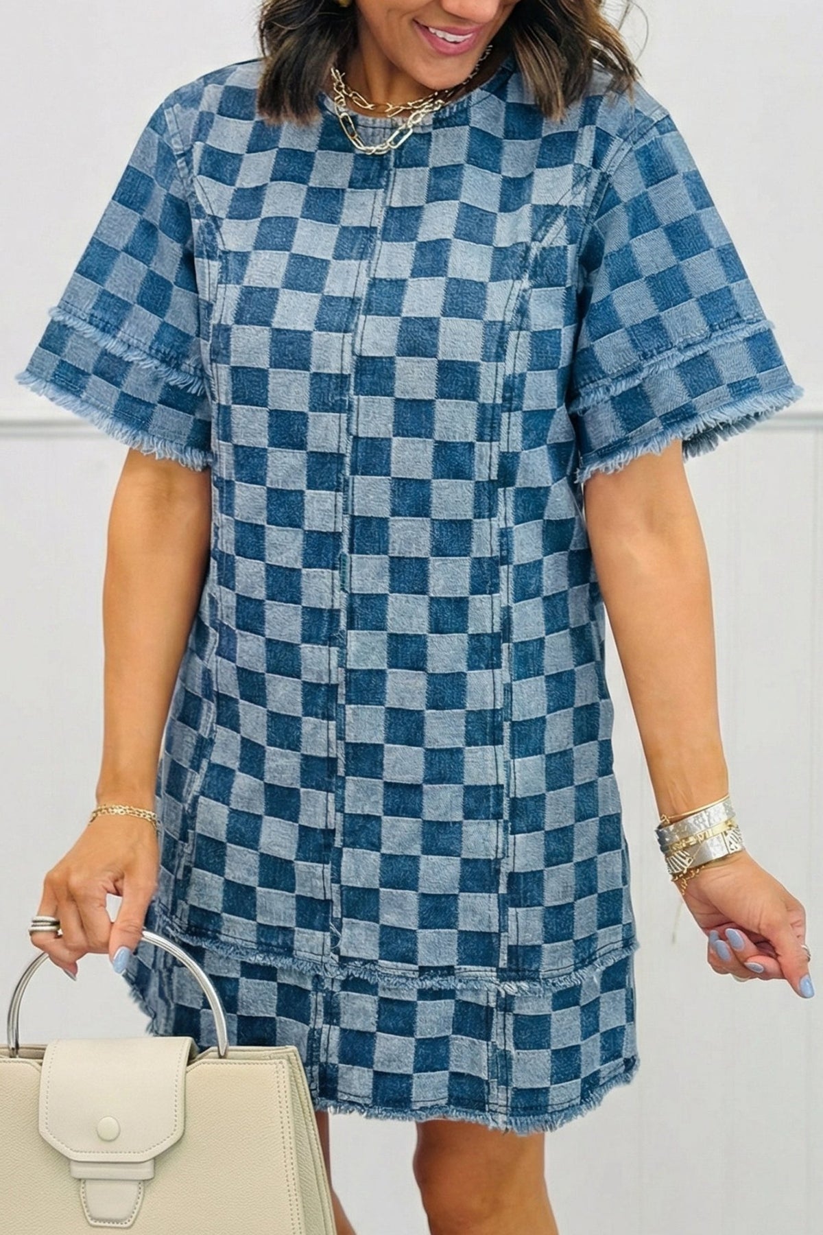 Checker Denim Frayed Hem Mini Dress - Rooted & Reckless Co.