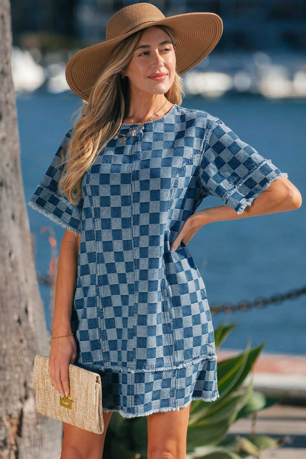 Checker Denim Frayed Hem Mini Dress - Rooted & Reckless Co.