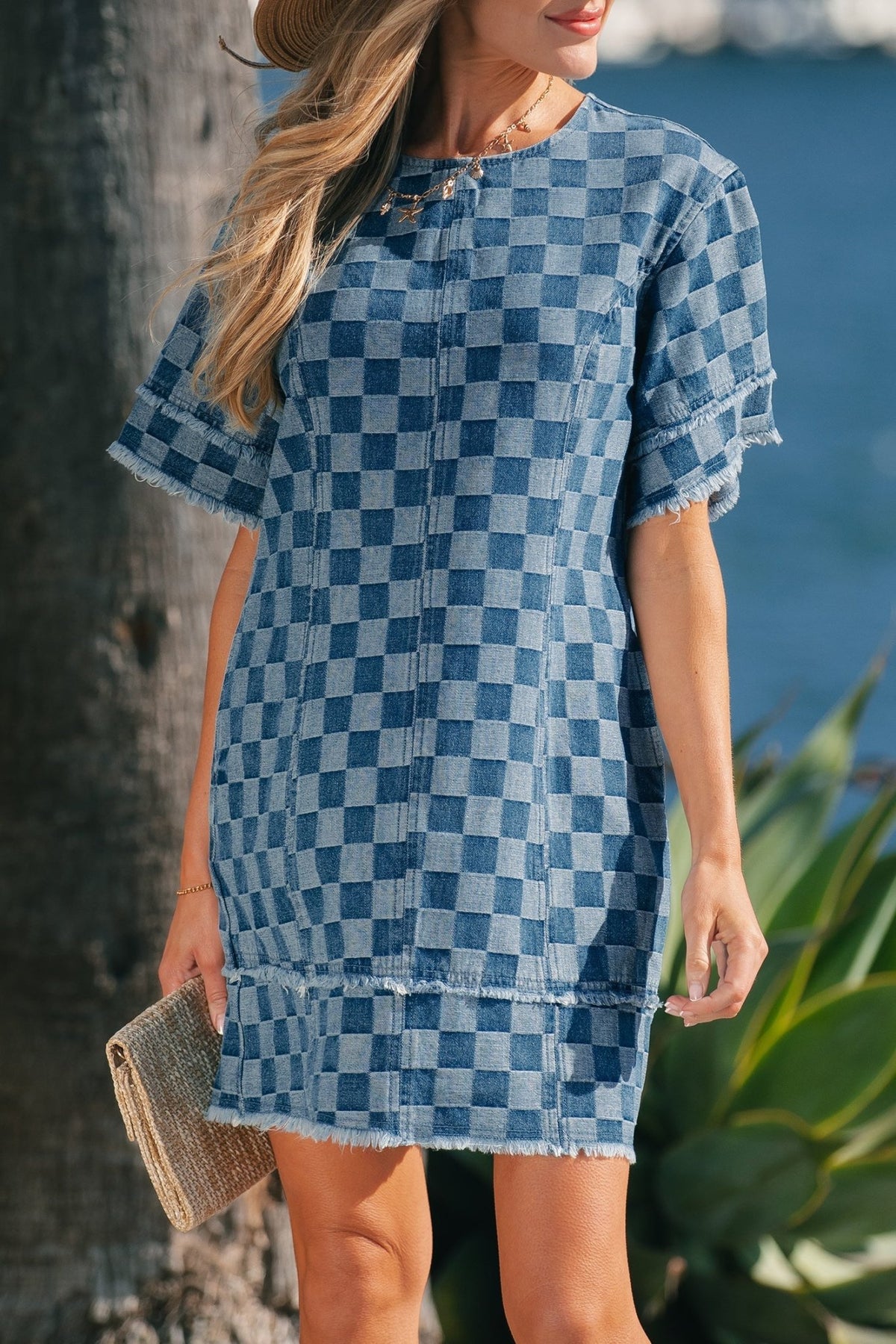 Checker Denim Frayed Hem Mini Dress - Rooted & Reckless Co.