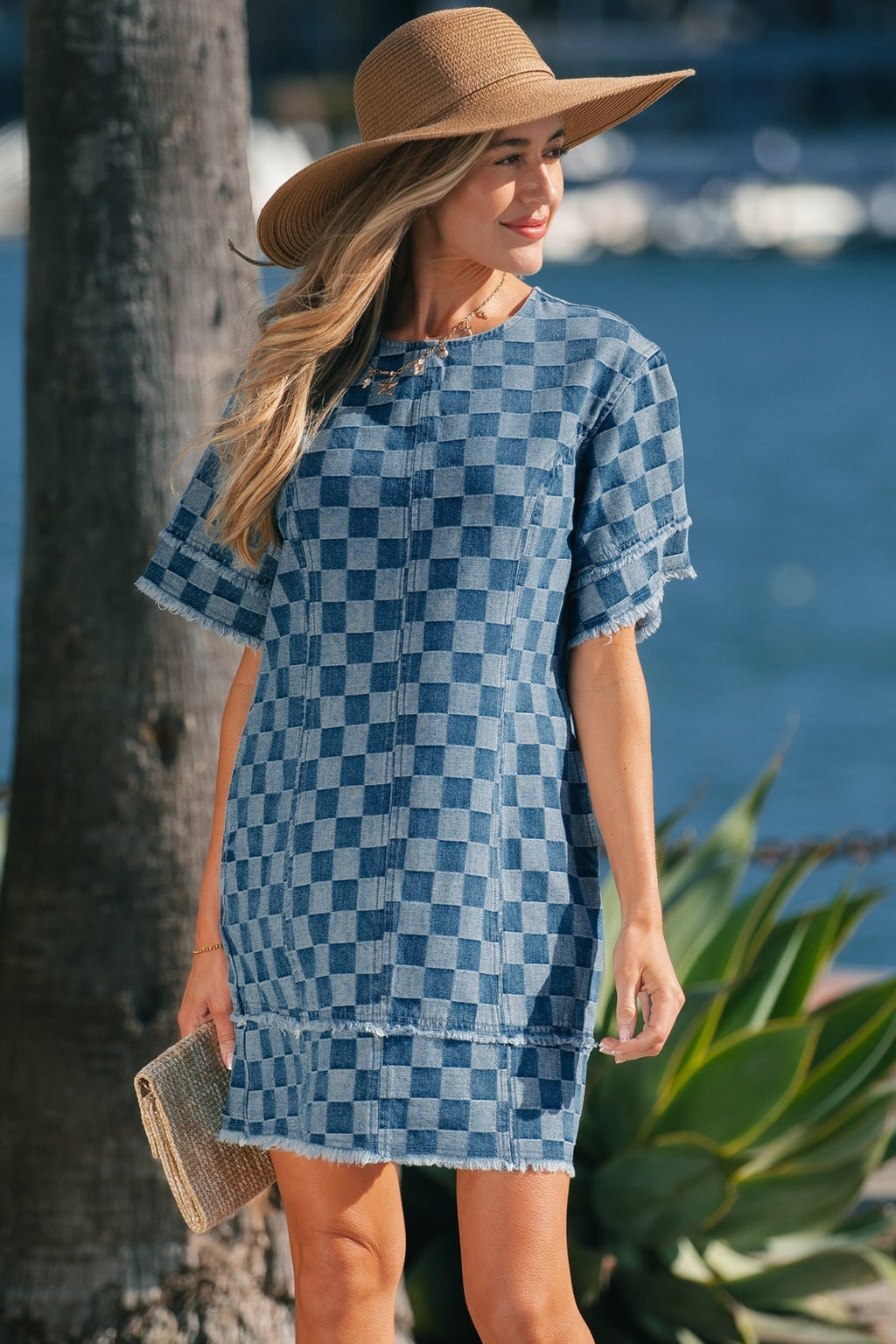 Checker Denim Frayed Hem Mini Dress - Rooted & Reckless Co.