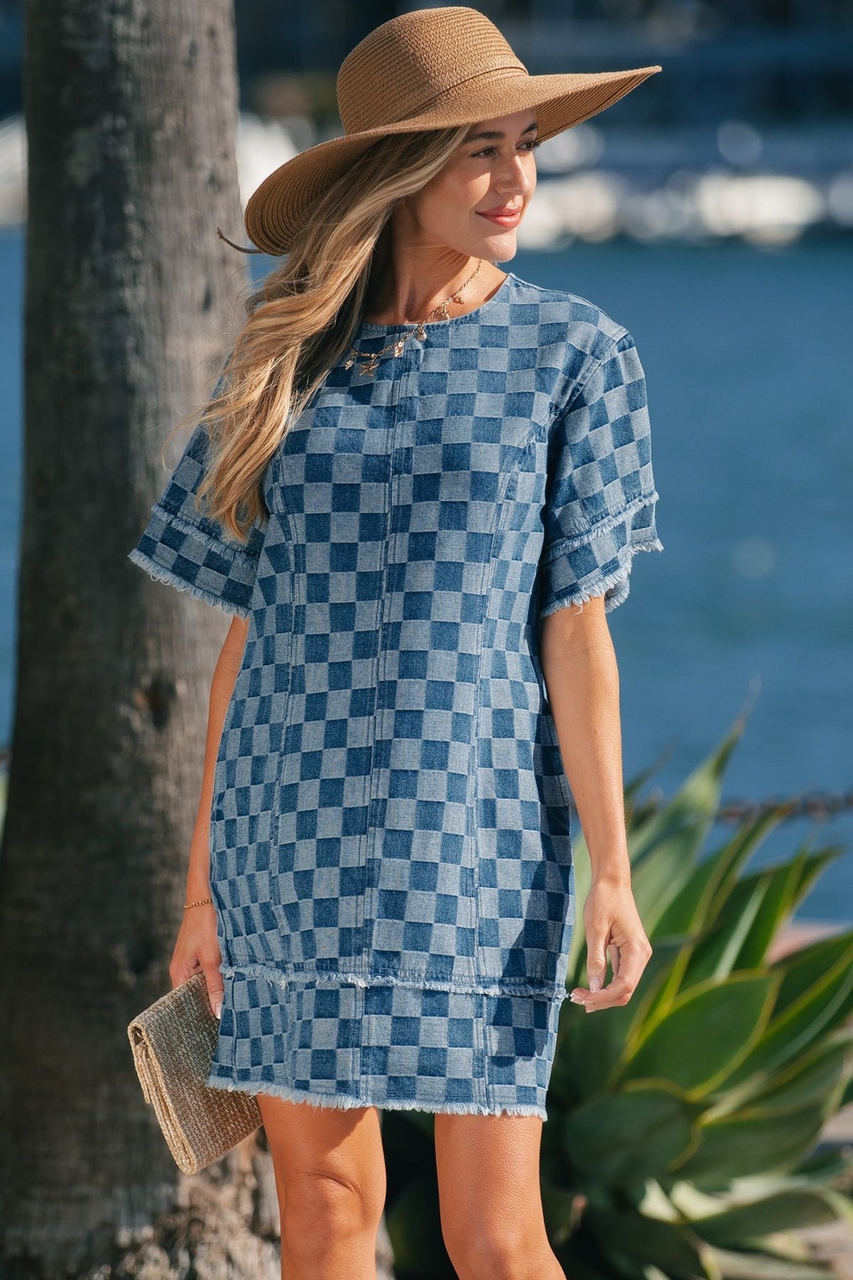 Checker Denim Frayed Hem Mini Dress - Rooted & Reckless Co.