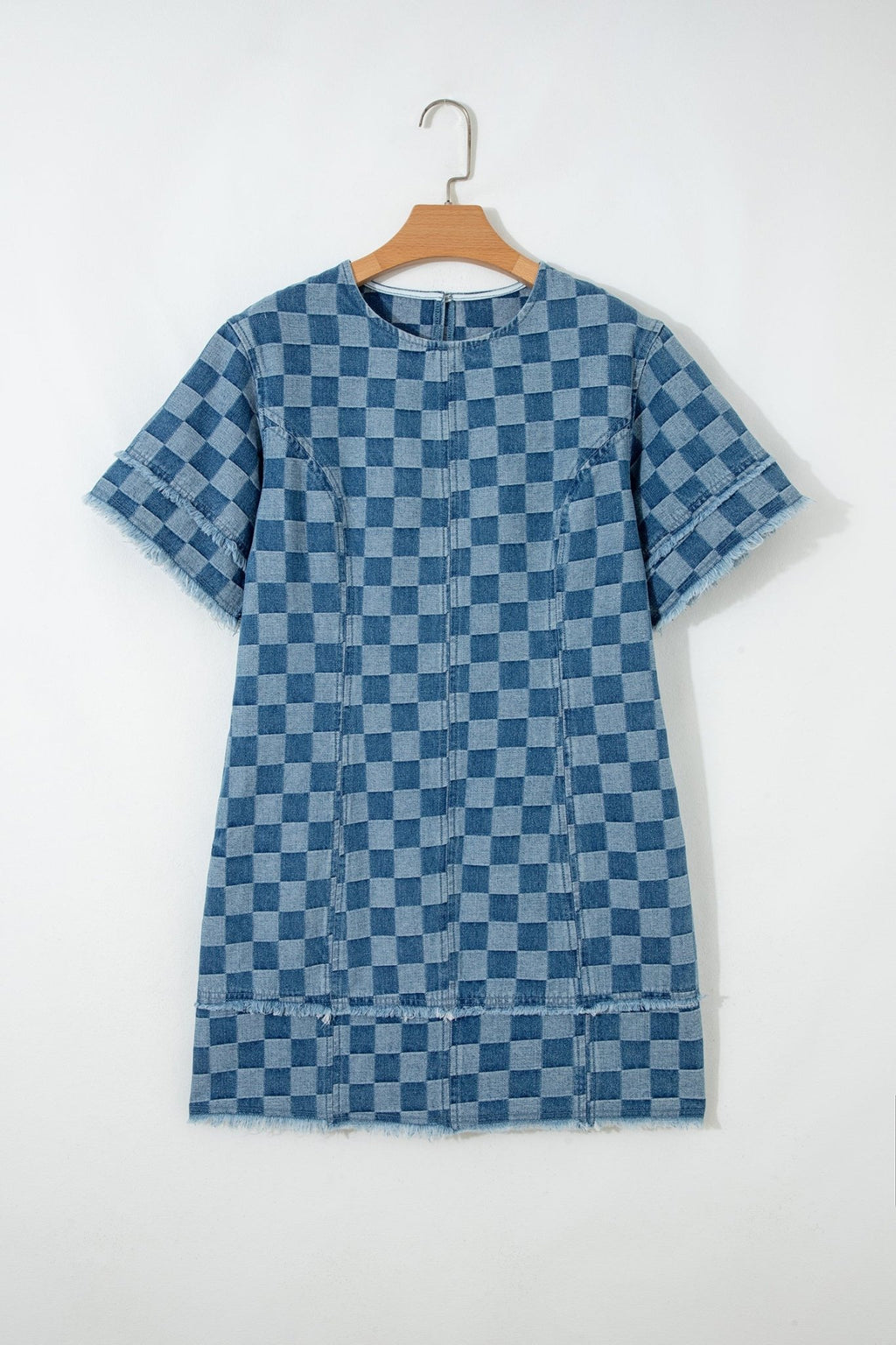 Checker Denim Frayed Hem Mini Dress - Rooted & Reckless Co.