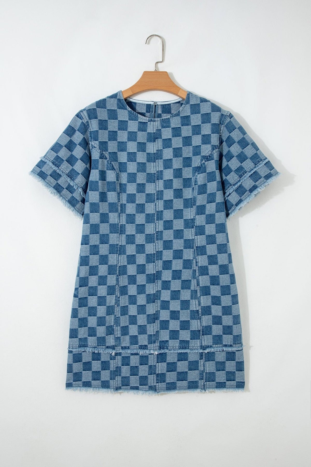Checker Denim Frayed Hem Mini Dress - Rooted & Reckless Co.