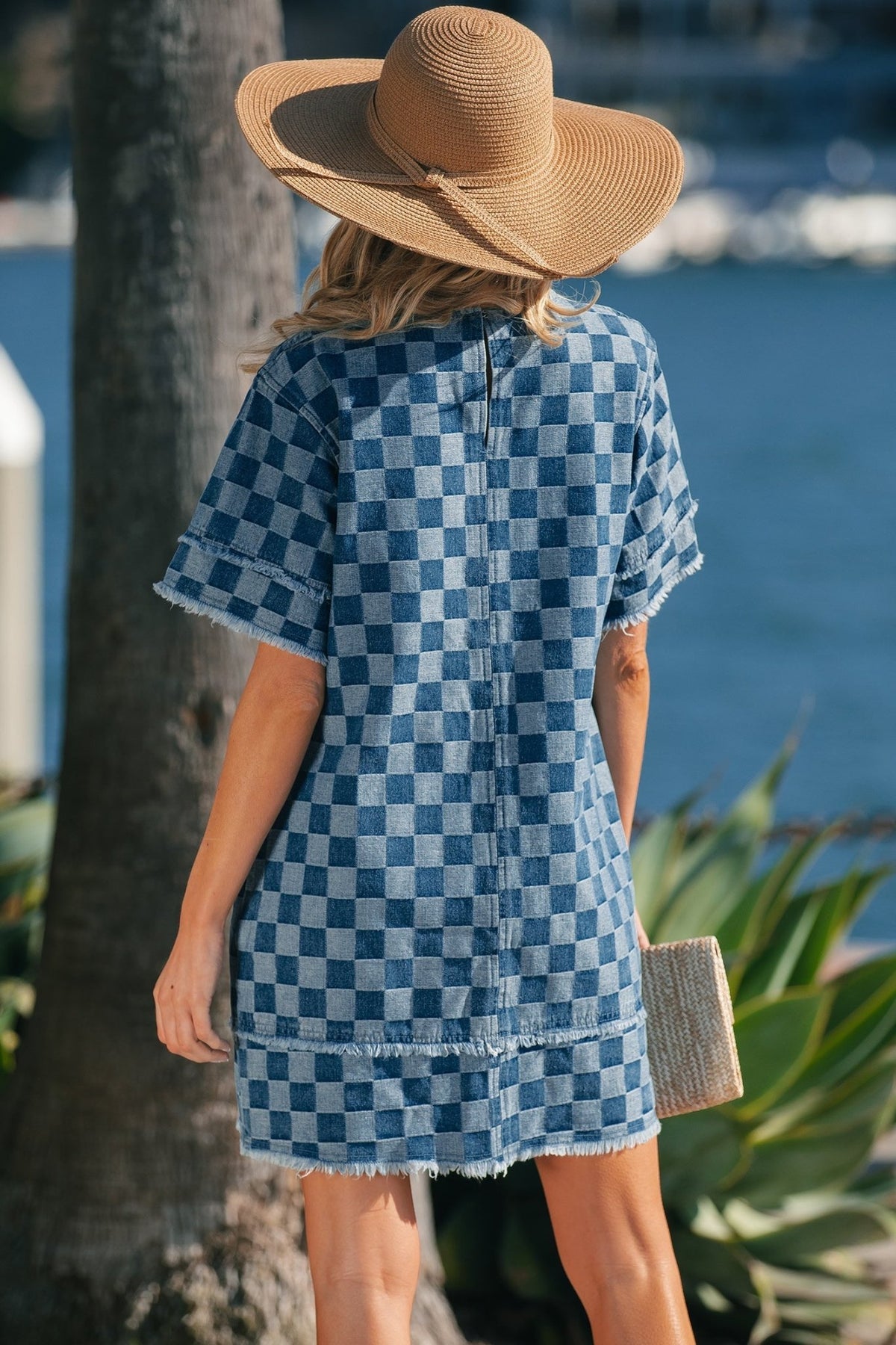 Checker Denim Frayed Hem Mini Dress - Rooted & Reckless Co.