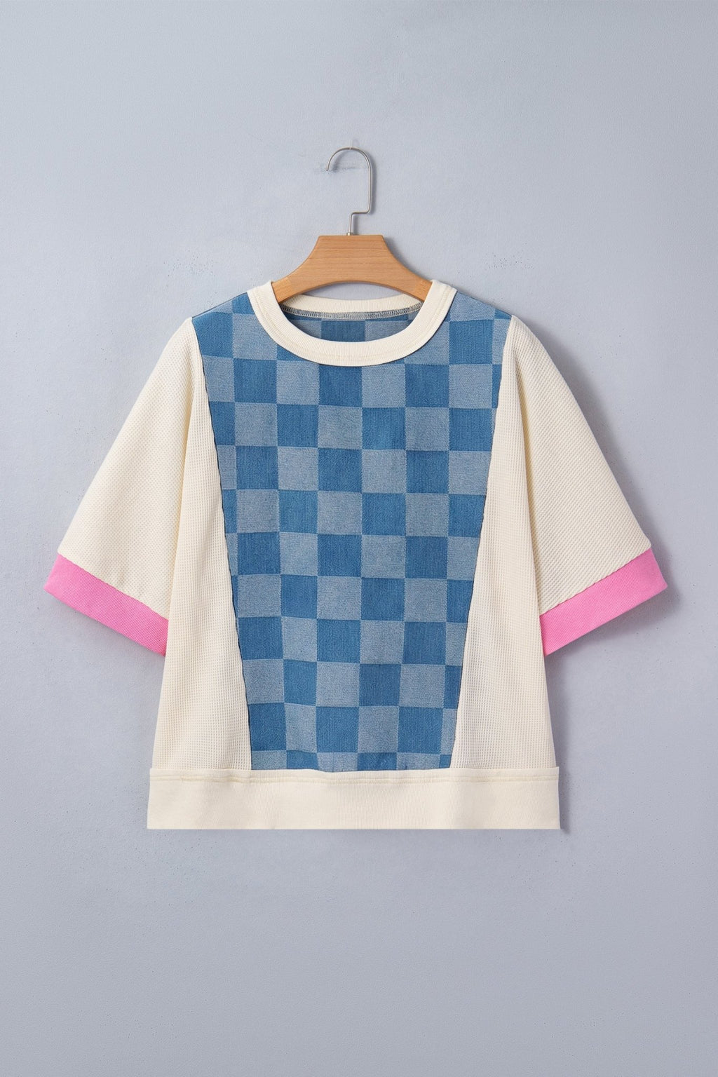 Checker Denim Patchwork Short Sleeve Loose Top - Rooted & Reckless Co.