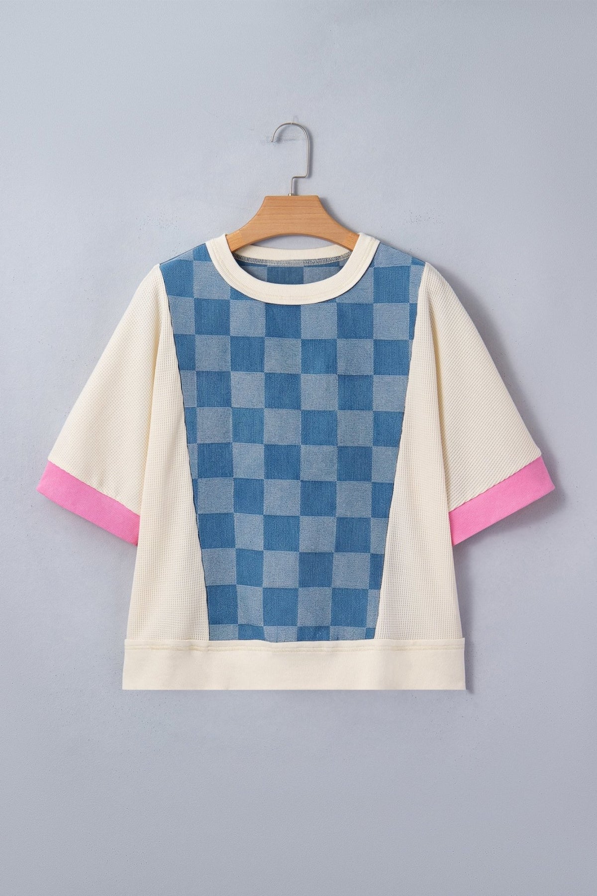 Checker Denim Patchwork Short Sleeve Loose Top - Rooted & Reckless Co.
