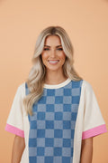 Checker Denim Patchwork Short Sleeve Loose Top - Rooted & Reckless Co.