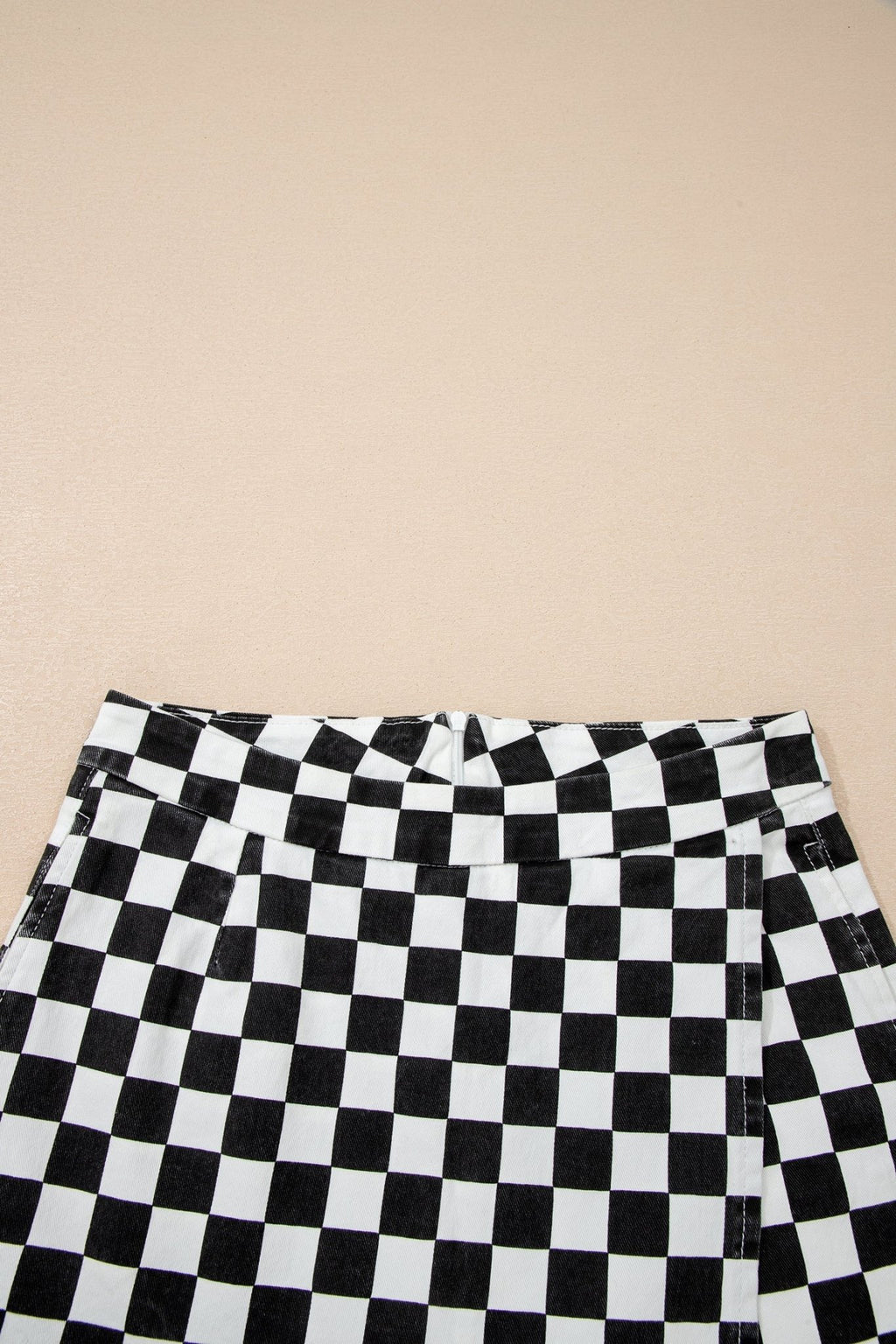 Checker Denim Pocketed Overlap Skort - Rooted & Reckless Co.