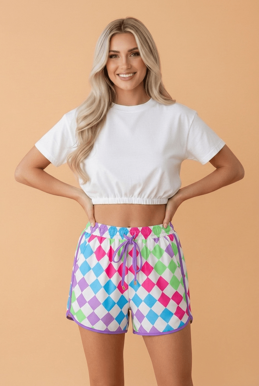 Checker Drawstring Elastic Waist Shorts - Rooted & Reckless Co.