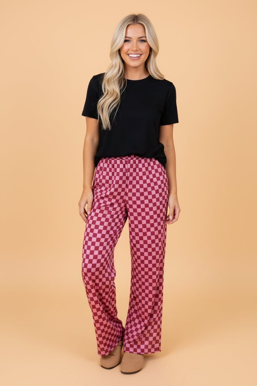 Checker Elastic Waist Wide Leg Pants - Rooted & Reckless Co.