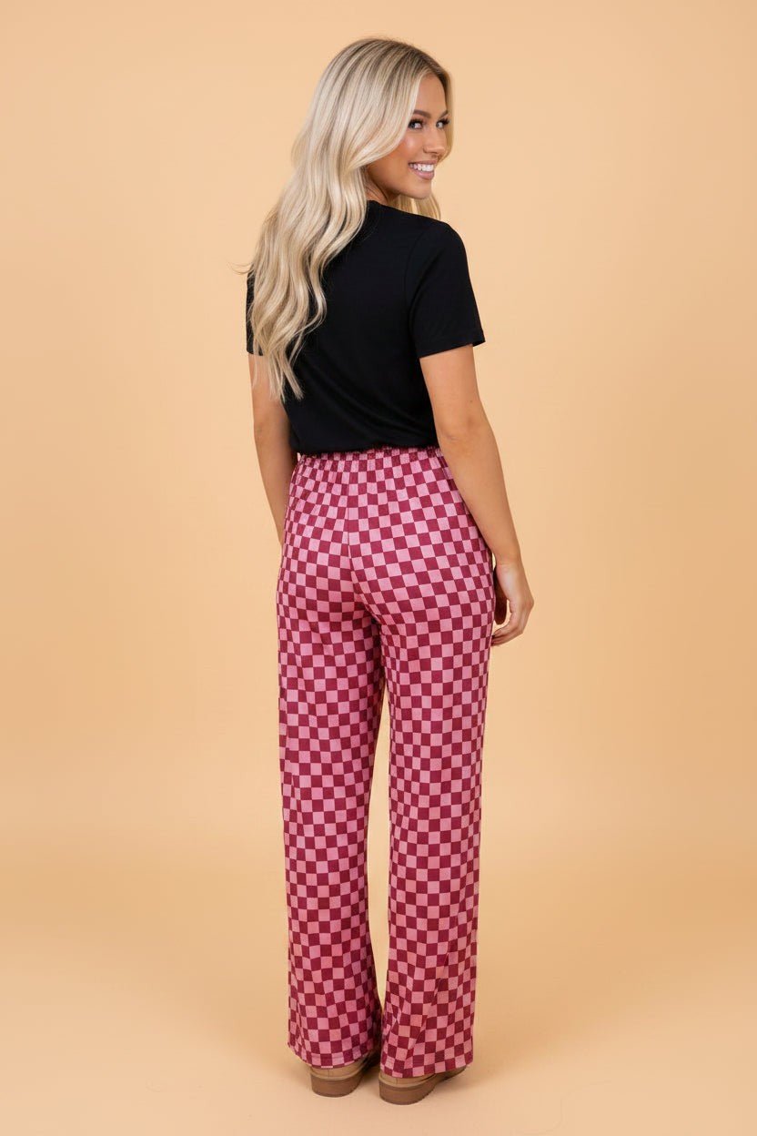 Checker Elastic Waist Wide Leg Pants - Rooted & Reckless Co.