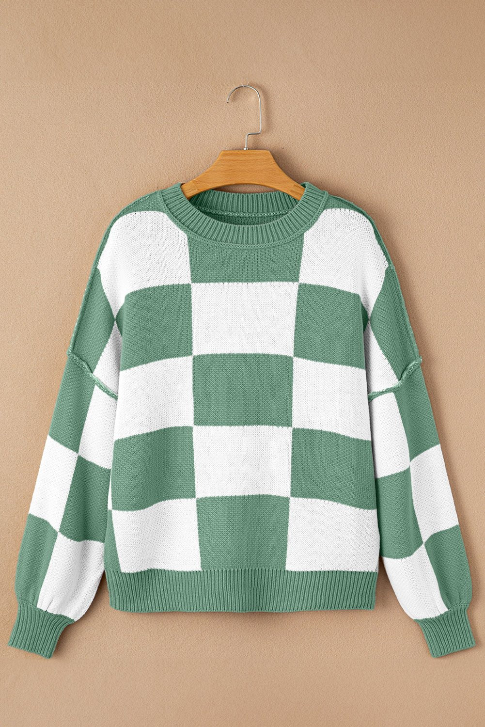 Checker Exposed Seam Drop Shoulder Long Sleeve Sweater - Rooted & Reckless Co.