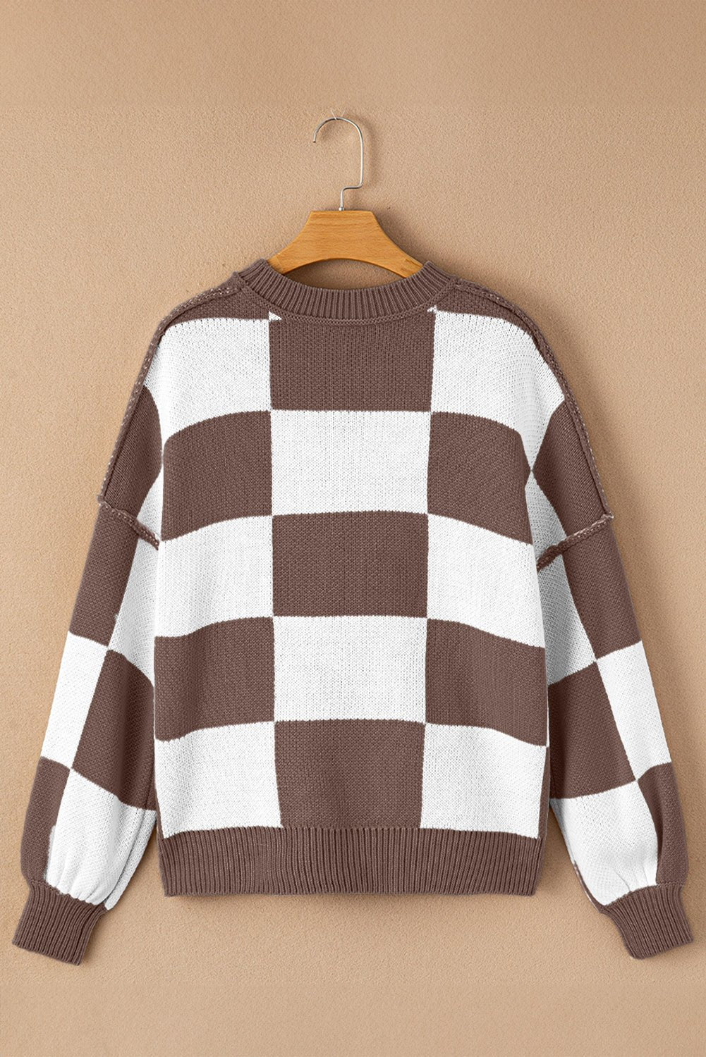 Checker Exposed Seam Drop Shoulder Long Sleeve Sweater - Rooted & Reckless Co.