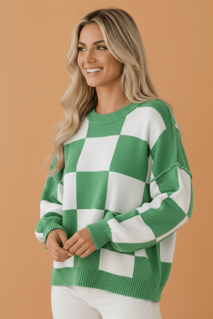 Checker Exposed Seam Drop Shoulder Long Sleeve Sweater - Rooted & Reckless Co.