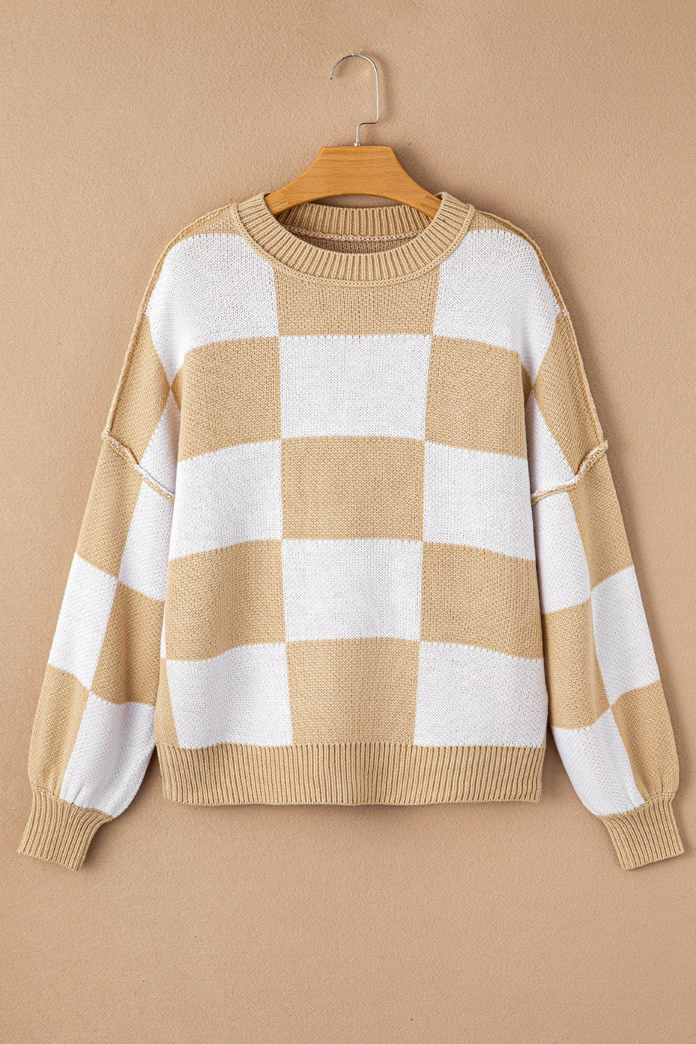Checker Exposed Seam Drop Shoulder Long Sleeve Sweater - Rooted & Reckless Co.