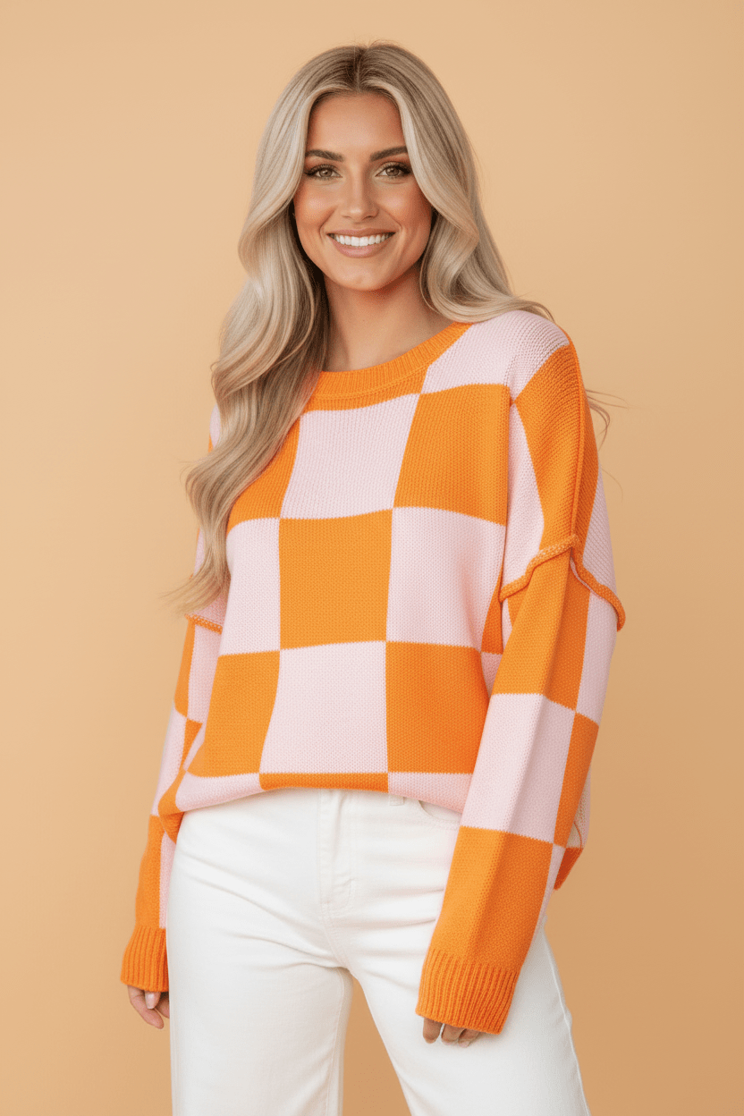 Checker Exposed Seam Drop Shoulder Long Sleeve Sweater - Rooted & Reckless Co.