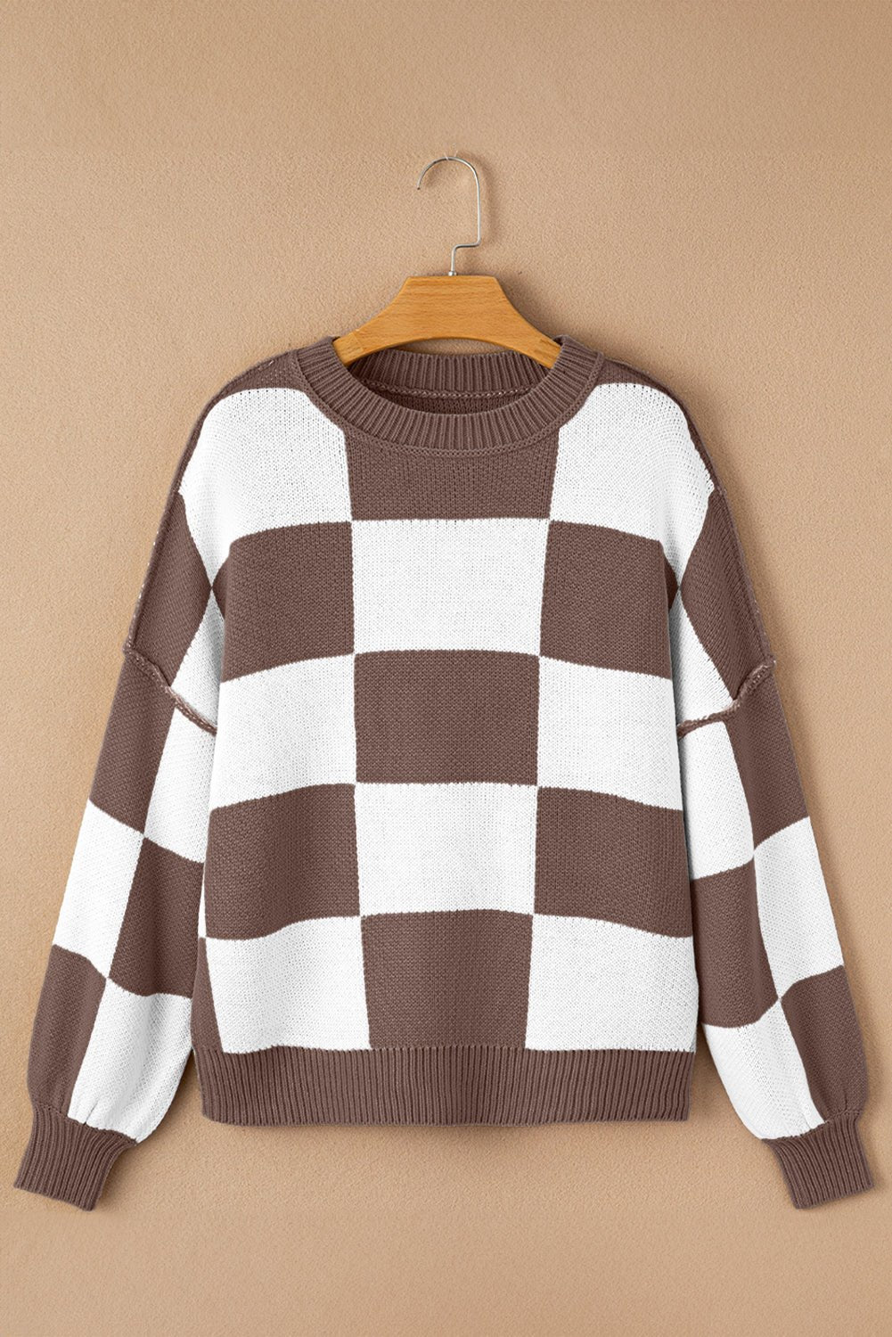 Checker Exposed Seam Drop Shoulder Long Sleeve Sweater - Rooted & Reckless Co.