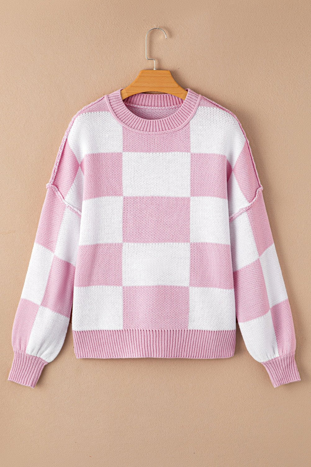 Checker Exposed Seam Drop Shoulder Long Sleeve Sweater - Rooted & Reckless Co.