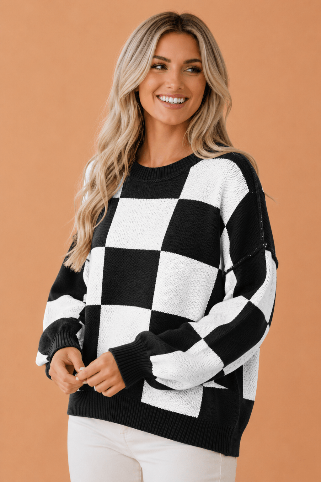 Checker Exposed Seam Drop Shoulder Long Sleeve Sweater - Rooted & Reckless Co.