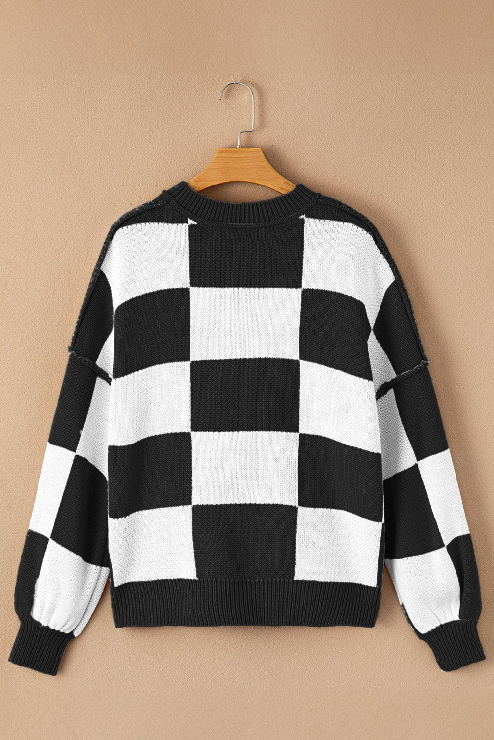 Checker Exposed Seam Drop Shoulder Long Sleeve Sweater - Rooted & Reckless Co.