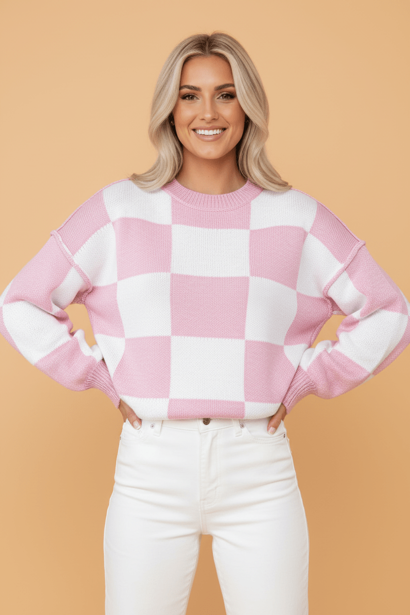 Checker Exposed Seam Drop Shoulder Long Sleeve Sweater - Rooted & Reckless Co.
