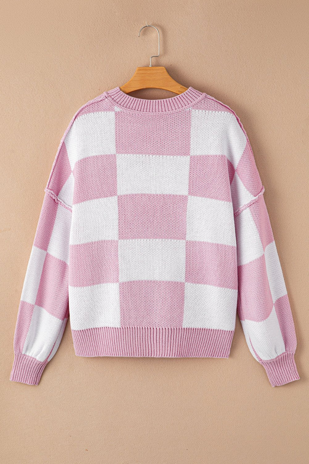 Checker Exposed Seam Drop Shoulder Long Sleeve Sweater - Rooted & Reckless Co.