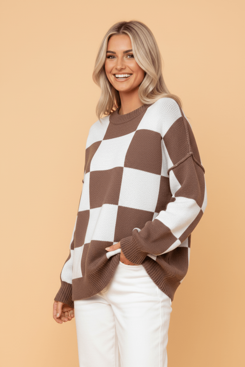 Checker Exposed Seam Drop Shoulder Long Sleeve Sweater - Rooted & Reckless Co.