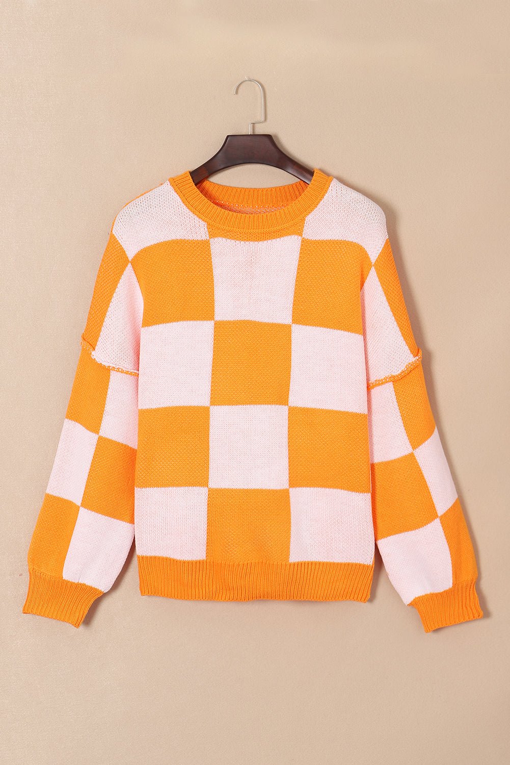 Checker Exposed Seam Drop Shoulder Long Sleeve Sweater - Rooted & Reckless Co.
