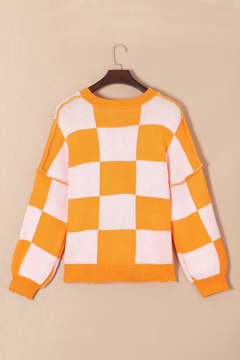 Checker Exposed Seam Drop Shoulder Long Sleeve Sweater - Rooted & Reckless Co.
