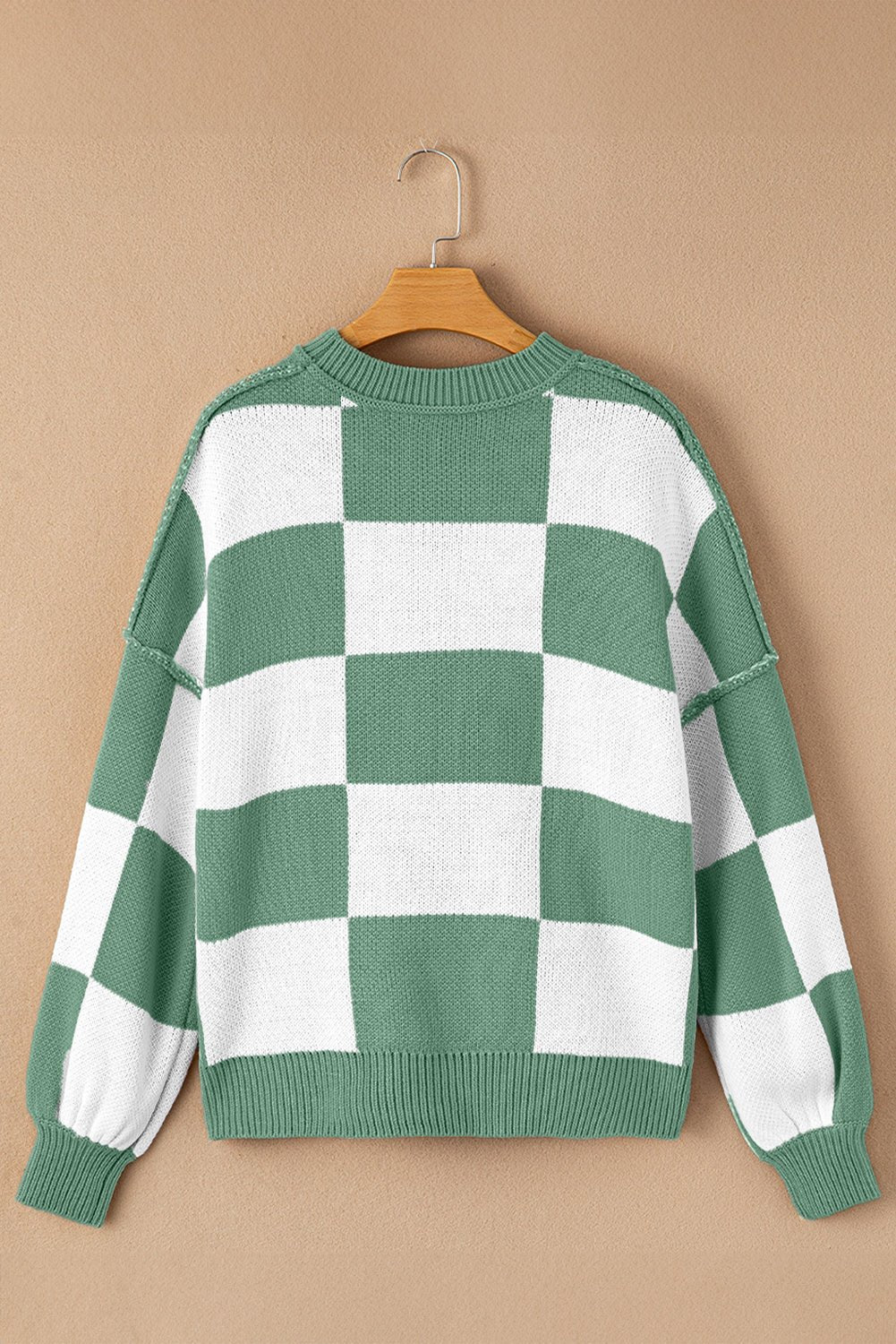 Checker Exposed Seam Drop Shoulder Long Sleeve Sweater - Rooted & Reckless Co.