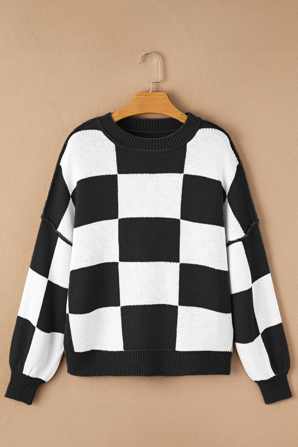 Checker Exposed Seam Drop Shoulder Long Sleeve Sweater - Rooted & Reckless Co.