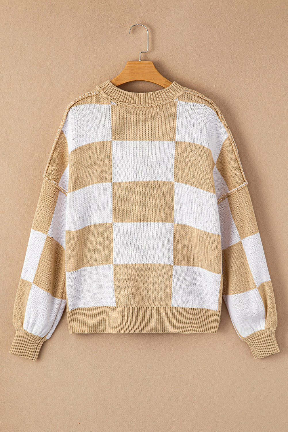 Checker Exposed Seam Drop Shoulder Long Sleeve Sweater - Rooted & Reckless Co.
