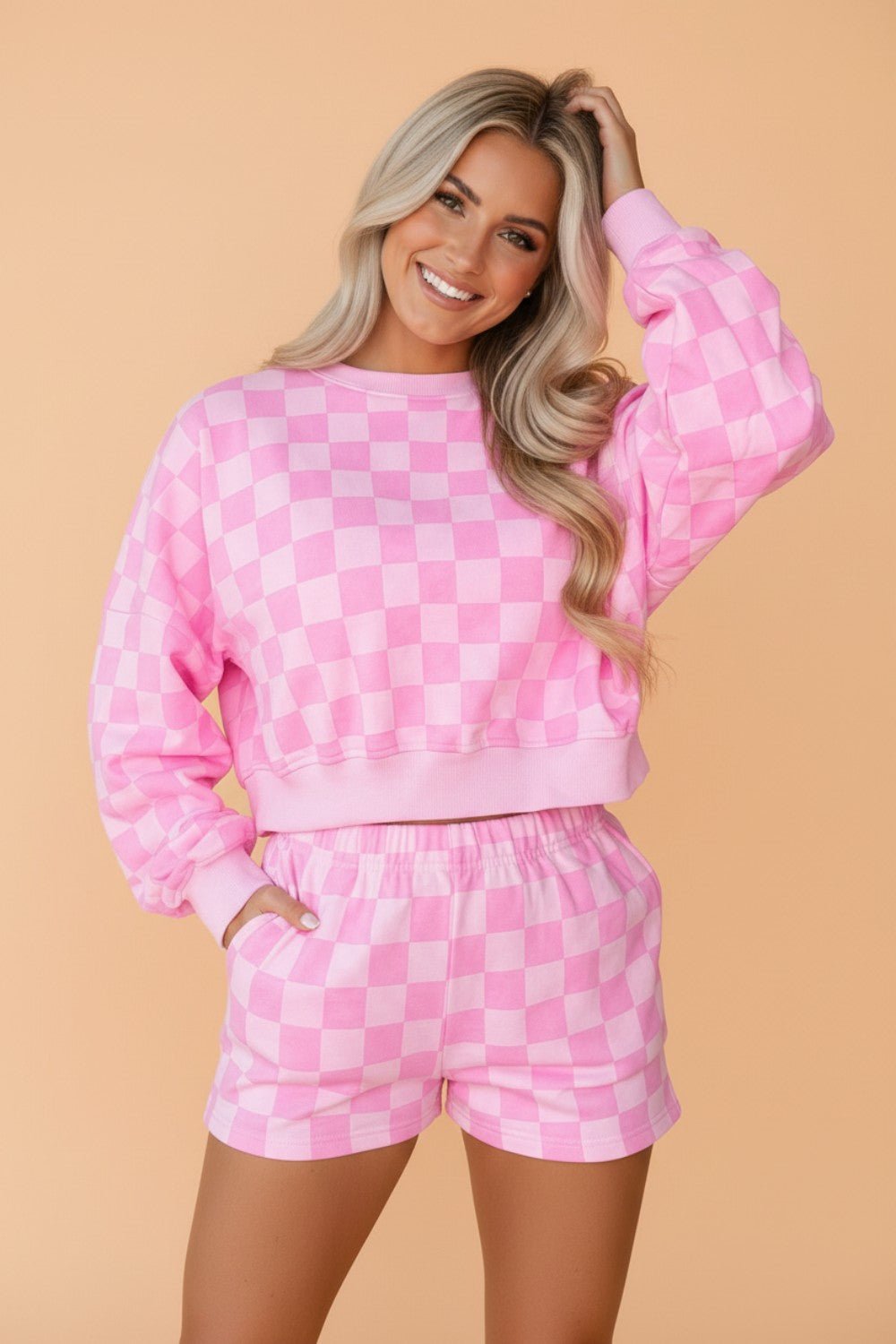 Checker Long Sleeve Crop Top & Elastic Waist Shorts Set - Rooted & Reckless Co.