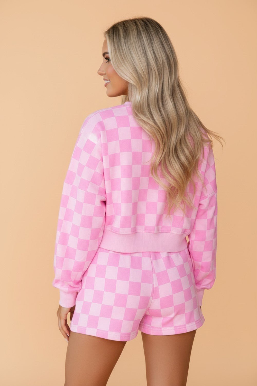 Checker Long Sleeve Crop Top & Elastic Waist Shorts Set - Rooted & Reckless Co.