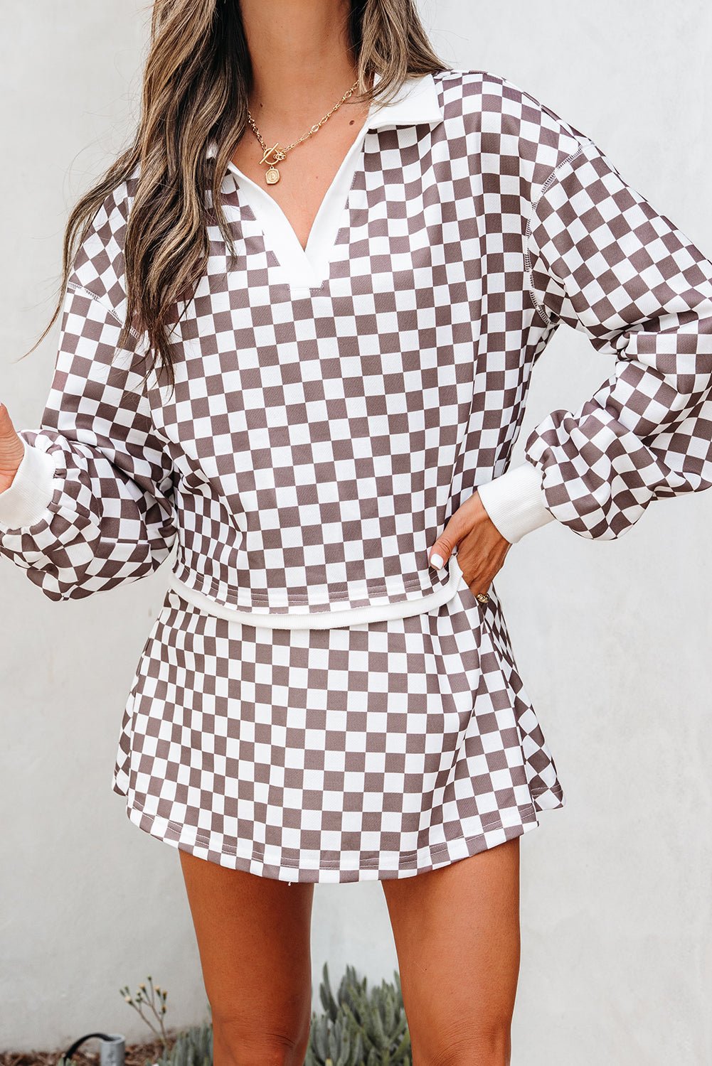 Checker Long Sleeve Top and Drawstring Mini Skirt Set - Rooted & Reckless Co.