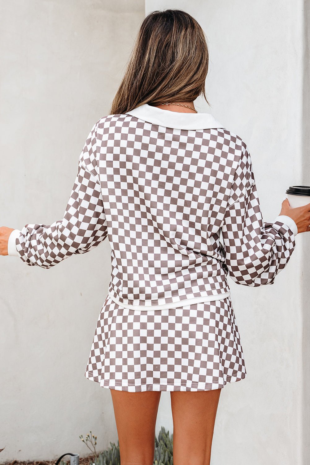 Checker Long Sleeve Top and Drawstring Mini Skirt Set - Rooted & Reckless Co.
