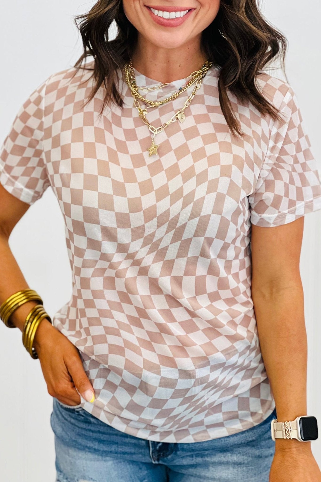 Checker Mesh Mock Neck Short Sleeve T-Shirt - Rooted & Reckless Co.
