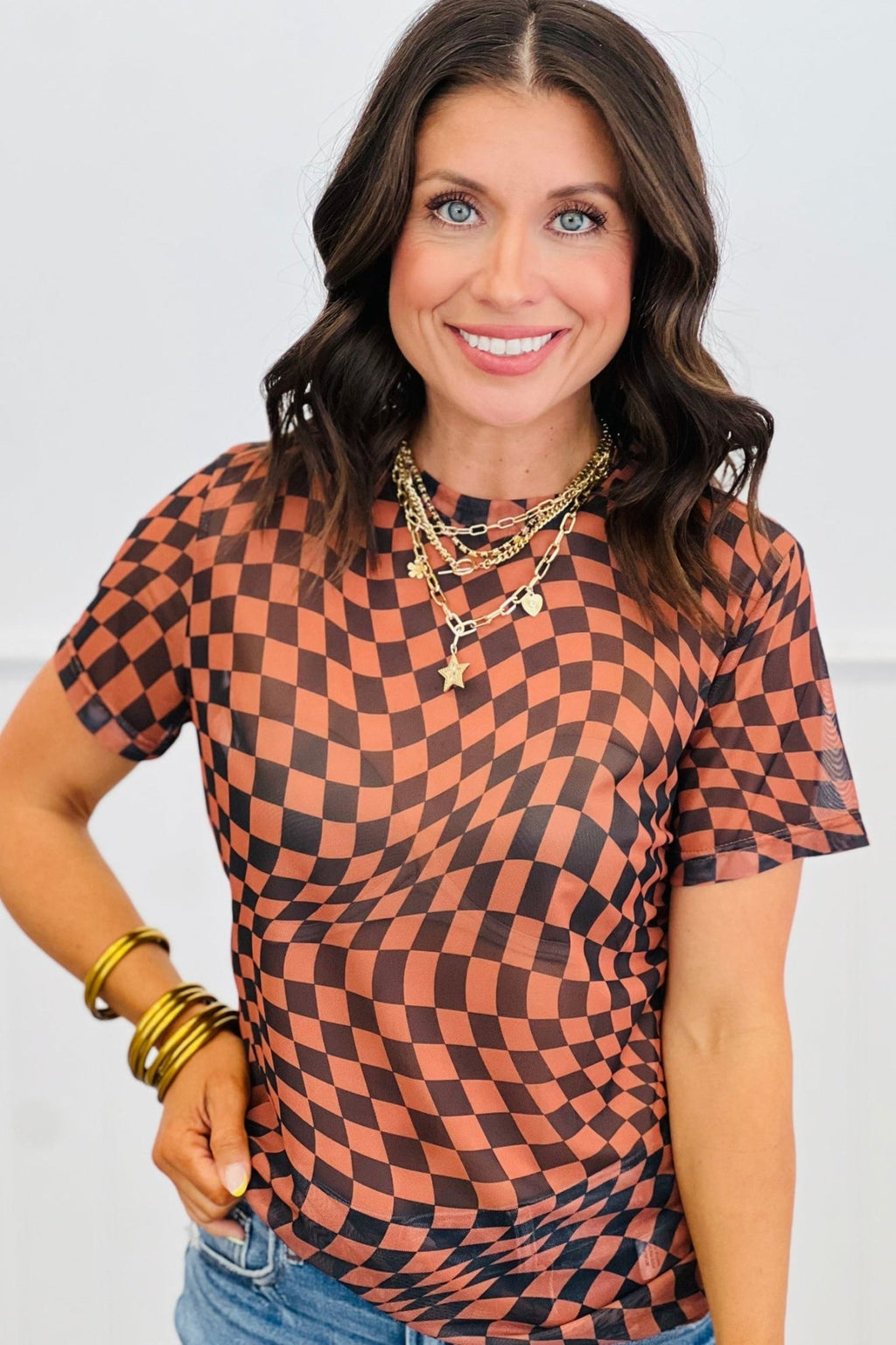 Checker Mesh Mock Neck Short Sleeve T-Shirt - Rooted & Reckless Co.